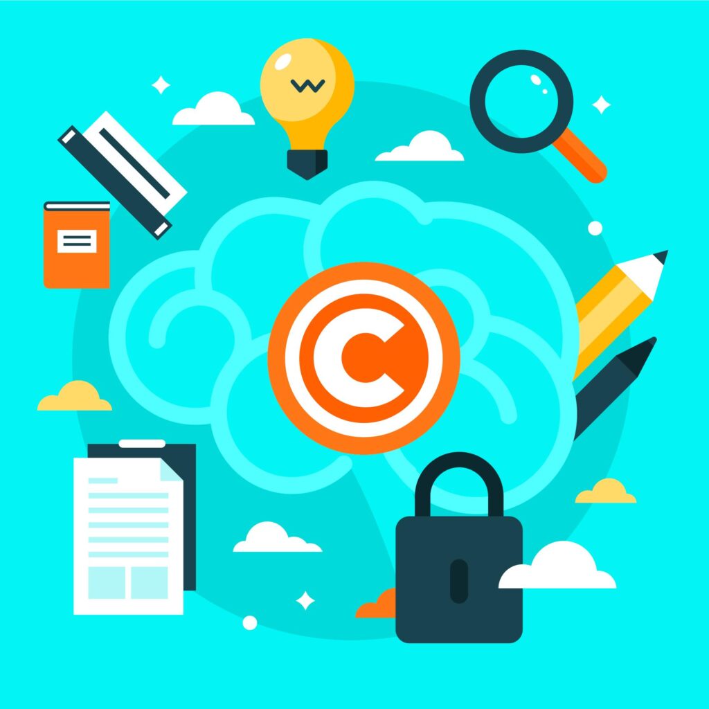 Picture of the copyright logo with a brain in the background, with other ions around it to show the importance of following copyright laws when borrowing work from any source